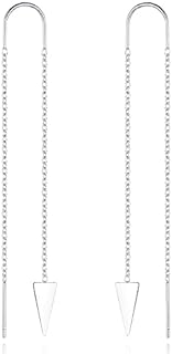 Stainless Steel Triangle Drop Earrings with Hypoallergenic Threader Chain for Women, Versatile Double Piercing Design
