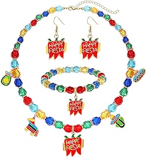 Cinco De Mayo Jewelry Set for Women Beaded Mexican Fiesta Necklace Bracelet Earrings Chocker Collar Necklace Fiesta Charm Stretch Bracelets Cactus Sombrero Chili Pepper Dangle Earrings Carnival Gift