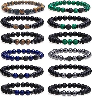 WAINIS 12 PCS Gemstone Beads Stretch Bracelets for Men Women Energy Yoga Healing Matte Lava Rock Volcanic Stone Essential Diffuser Oil Bracelet