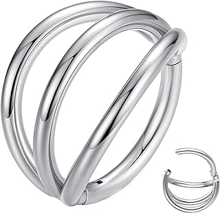 316L Surgical Steel Hinge Triple Hoop Nose Ring, Seamless Segment Ear Piercing Cartilage Clicker, Suitable for Tragus Rook Helix & More, Nickel-Free & Lead-Free, 16G 18G 20G Size Options