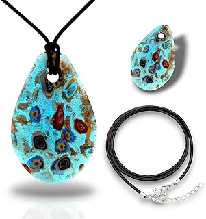 Blue Teardrop Murano-inspired Glass Milliefiori Woman Necklace Artisan Crafted Hand Blown Lampwork Hypoallergenic Italian Style Glass Jewelry
