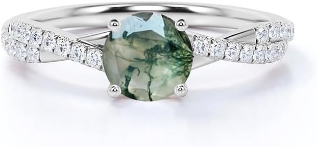 Vintage Moss Agate Engagement Ring in White Gold for Women, Round Cut Design
