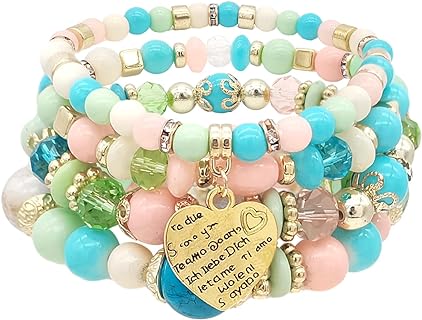 Mother's Day Gift - Bohemian Bead Bracelet with Stretch Clasp - 6.75" Length - Multi-Color Boho Crystal, Acrylic Beads on Brass Chain - For Women, Girls & Teens