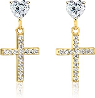 Cross Earrings 2 Pair Set, 18K Gold Plated Cross Hoop Earrings & Cross Stud Earrings, Hypoallergenic Drop Dangle Cross Earrings for Women Girls CZ Heart Cross Earrings for Men