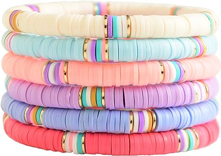 Boho Polymer Clay Heishi Bead Stretch Bracelets with Bead Chain, Splashed with Gold Pearls & Evil Eye Accents for Women and Girls - Beach Inspired Stackable Design