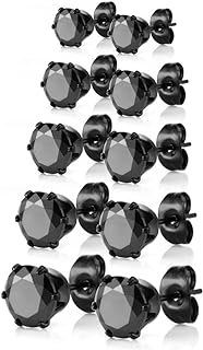 Black Diamond Stud Earrings, Hypoallergenic Surgical Steel, Push-Back Closure for Women, Cubic Zirconia Gems, 5 Pair Set by JewelrieShop, Assorted Sizes, Elegant Design