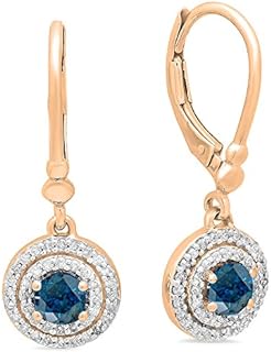 Lever-Back 10K Rose Gold Drop Earrings with Blue & White Diamond Double Halo for Women, Stunning Round Design