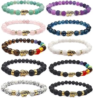 10Pcs 8mm Chakra Bead Bracelet Elephant Gifts for Women Men Natural Stone Bead Bracelets Lava Rock Reiki Healing Crystals Yoga Balancing Anxiety Bracelets