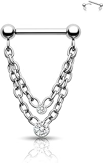 CM Crareesi Mania 316L Stainless Steel Double Chain Nose Ring with Dangling Cubic Zirconia for Women - Unique Threadless Push-in Piercing Jewelry Design