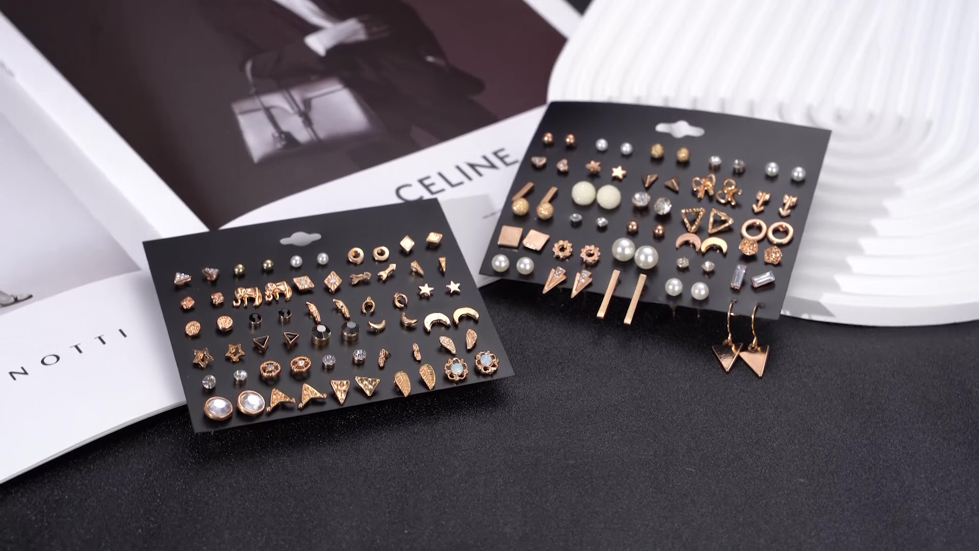 60 Pairs Gold Tone Stud Earrings for Women Men Triangle Square Circle Bar Star Moon Geometric Leaf Arrow Bow CZ Ball Faux Pearl Earrings Set