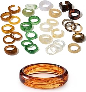 Silver Clasp Acrylic Toroise Shell Bangle & Resin Ring Set for Women and Teens - Trendy, Colorful, Stackable Accessories with Marble Art Design