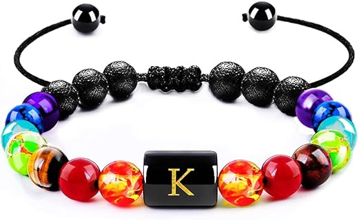 Beaded Initial Bracelet - Stress Relief Lava Stone Bracelet with Bead Chain and Lobster Claw Clasp for Women and Girls