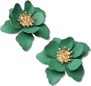 Chic Cute Boho Matte Flower Statement Stud Earrings with Gold Flower Bud for Women Sister Mom Lover and Friends