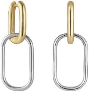 Hinged Hoop Two-Tone Gold Silver Paperclip Earrings For Women and Girls - Mixed Metal Brass Link Chain Design - Ideal Jewelry Gift