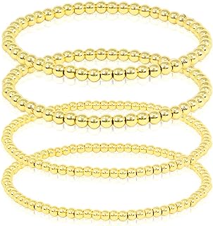 SM Stainless Steel Gold Silver Rose gold Beaded Ball Bracelets 4PCS Set for Women Stretchable Elastic Bracelet (4mm+3mm - Gold, Stainless Steel)
