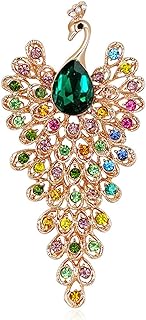 Pin-Clasp, Vintage Gold Crystal Peacock Brooch with Rhinestone and Created Emerald Embellishment for Women, Intricate Peacock Design