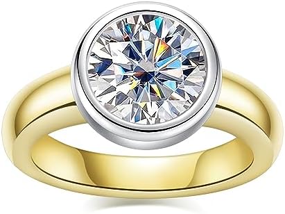 Moissanite Prmoise Rings 3CT Bezel Setting D Color VVS1 Round Cut 14K Yellow Gold Plated 925 Sterling Silver Engagement Anniversary Rings for Women