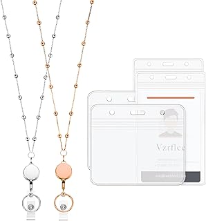 2 Pieces Retractable Badge Reel Lanyard with 4 Pieces ID Holder for Women, Fashion Beaded Chain Premium Stainless Steel Lanyard Necklace Badge Water Resistant Name Badge Holder (Rose Gold ＆ Sliver)