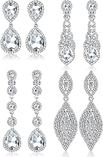 Jstyle 4-Pair Set of Clip-On Cubic Zirconia Earrings for Women in Multiple Designs - Stainless Steel with Secure Clip Back Finding - Ideal for Weddings, Bridesmaids and Non-Pierced Ears