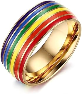 Pride Ring Titanium Steel Eternity LGBT Rainbow Rings for Gay Lesbian LGBTQ Pride Month Friendship Wedding Promise Band Ring Jewelry Gift for Couples Men Women, Size 6-15(Silver, Gold, Black)