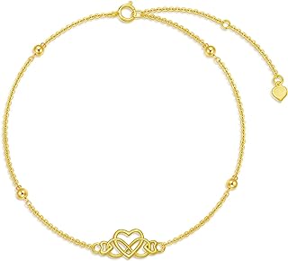 FENCCI 14K Yellow Gold Love Heart Knot Anklet with Rolo Chain & Spring Ring, Hypoallergenic and Tarnish-Resistant, Perfect Jewelry Gift