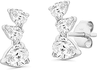 14k Gold Tiny Curved Climber Stud Earrings with Three Stones Cubic Zirconia CZ Trio Studs