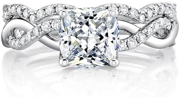 Metal Masters 2Ct. Cushion Cut Moissanite Engagement Bridal Set Tulip Basket Setting Contoured Infinity Twist Wedding 18K White Gold Over Silver