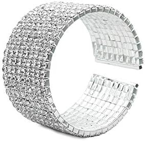 Box Chain Rhinestone Cuff Bracelet for Women in Silver and Gold Tone - Wide Bangle Design Ideal for Wedding and Party Outfits