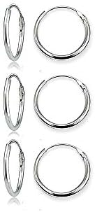 Sterling Silver Small Endless 15mm Round Unisex Hoop Earrings for Men Women Set of 3 Pairs