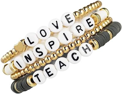 Beaded Teacher Bracelet for Women Girls Colorful Ploymer Clay Love Teach Inspire Stretch Letter Bracelets Handmade Beaded Teacher Appreciation Bracelet Gifts