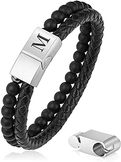 LUXEJEW Men's Beaded Leather Initial Bracelets with Bead Chain, Matte Agate Stone, and Stainless Steel Magnetic Clasp - Personalized Cuff Bracelets Jewelry Gift