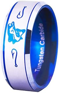 FREE Custom Engraving Blue Tungsten Wedding Bands Bass Ring Fishing Ring Fish Hooks Ring Hunting Ring