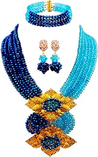 Exquisite Nigerian Beads Necklace with Toggle Clasp, Crafted with Glass Crystal & Alloy Metal for Women - Blue Plated Lake Blue Design