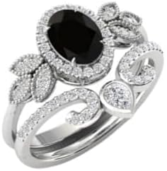 Halo Black Onyx Engagement Ring 1 CT Oval Cut Black Onyx Art Deco Wedding Ring Set Leaf Style Engagement Rings Set Vintage Bridal Ring Set