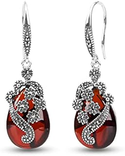 Vintage Thai Silver Marcasite Drop Earrings with Cubic Zirconia for Women, French Wire Backed for Comfortable Wear, Pear Design