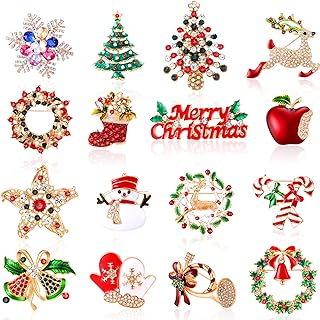Cindeer 16 Pcs Brooches and Pins for Women Rhinestone Crystal Set Snowman Reindeer Bells Tree Wedding Party Gift Favors