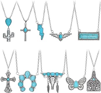 JeryWe 10-Piece Bohemian Turquoise Jewelry Set for Women | Western-Styled Silver-Zinc Necklaces with Diverse Pendants & Lobster Clasp | Perfect for Country Chic and Rodeo Fashion