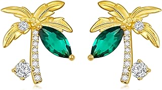 Push-Back Gold Plated Sterling Silver Palm Tree Stud Earrings with Cubic Zirconia for Women & Girls - Tropical Design
