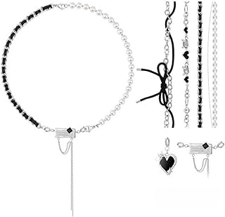 IBARA Heart Choker for Women Jewelry Set,Half Pearl Half Chain DIY Necklace 4Chain+2Pendant Have More than 12 Changing,Itanium Stainless Steel Black Heart Pendant Choker Necklace for Women Cool Girls