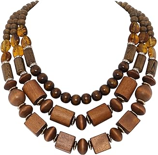 Coiris Layer Chunky Wood Beaded Necklace Exaggerated Statement Bead Collar Necklace Bib Necklaces