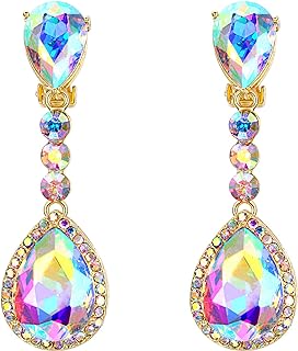 BriLove Women's Wedding Bridal Crystal Teardrop Infinity Figure 8 Chandelier Dangle Clip-On Earrings