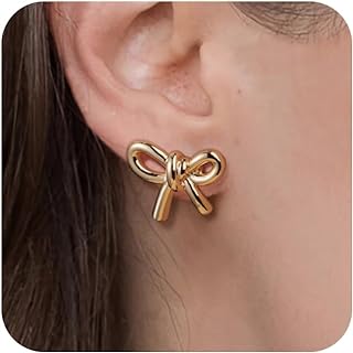 Plucar Bow Earrings Gold Earrings for Women - Stud Earrings for Women Hypoallergenic Earrings for Women Trendy Gold Jewelry Gift Gold Stud Earrings with Pearl | Wave | Twisted Rope | Zircon Flat Back Stud Earrings Cute Earrings