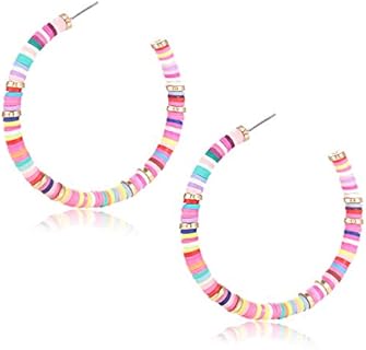 NVENF Heishi Bead Hoop Earrings for Women Rainbow Vinyl Disc Beads Circle Earring Studs Handmade Bohemia Summer Beach Earring for Girls Vacation Party Gifts