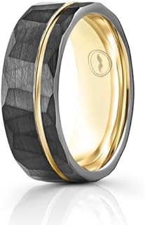 Premium Black Tungsten Men's Wedding Band with Thin Rose Gold Strip - Hammered Oblique Design, Comfort Fit, Includes Silicon Band & Leather Pouch