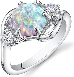 Women's Sterling Silver Peora Created White Fire Opal Ring with Unique 3-Stone Round Design, Size 5-9