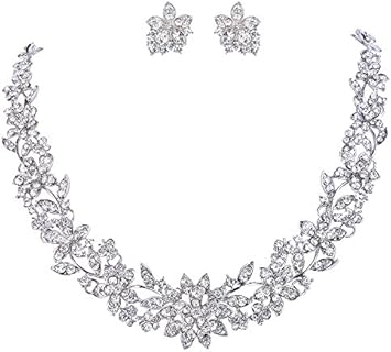 EVER FAITH Bridal Austrian Crystal Jewelry Set, Elegant Cluster Flower Leaf Necklace Earrings Set for Women