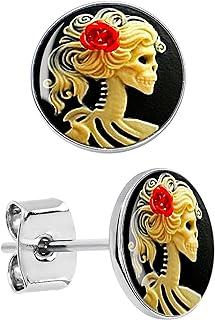 Stainless Steel Red Rose Skeleton Unique Stud Earrings with Push Back for Men and Women - Round Design