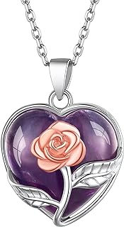 Suplight Genuine Birthstone Necklace 925 Sterling Silver Rose Flower Heart Pear Shape Crystal Pendant Necklaces for Women (with Gift Box)