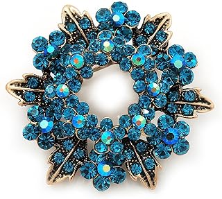 Turquoise Coloured Crystal Wreath Brooch In Antique Gold Metal - 4cm Diameter