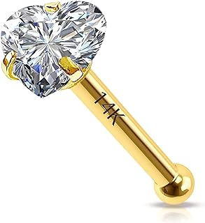 14k Gold Nose Stud Real Gold Nose Rings 20g Yellow Gold Nose Stud Heart,Round Moissanite 20G Hypoallergenic Nose Piercing for Women